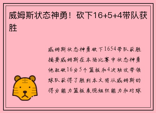 威姆斯状态神勇！砍下16+5+4带队获胜